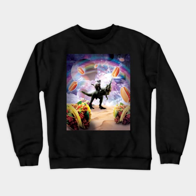 Space Cat Riding Dinosaur Unicorn - Hotdog & Taco Crewneck Sweatshirt by Random Galaxy